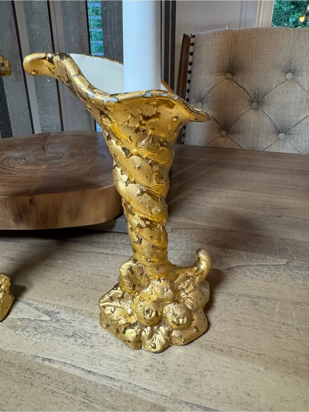 Weeping Gold Decorative Sculptural Cornucopia Candle Holders/Vases - Set of 2